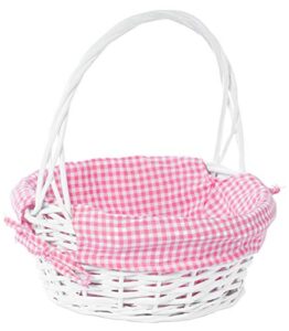 white round willow gift basket, with pink gingham liner and handle- small