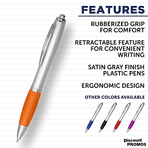 DISCOUNT PROMOS Ballpoint Pens With Rubber Grip, 10 pack, Black Ink Writing Pens in Bulk, Orange