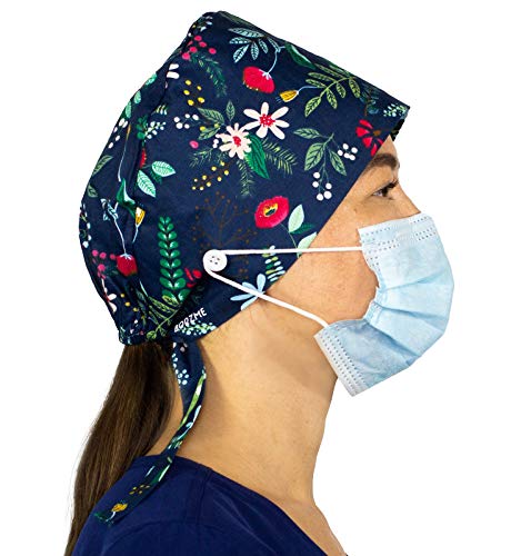 Working Cap with Button and Sweatband Adjustable Tie Back Bouffant Hats Printed Multi Color for Woman Man