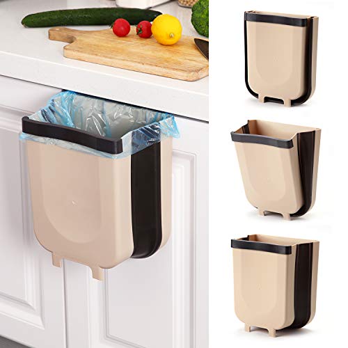 SheMarie Hanging Collapsible Trash Can - 9L Wall Mounted Foldable Waste Bin for Kitchen Cabinet Door - Quickly Clean Counter, Sink, Bathroom - RV, Car, Camping Folding Garbage Basket (Brown)