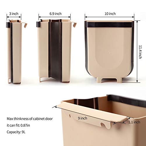 SheMarie Hanging Collapsible Trash Can - 9L Wall Mounted Foldable Waste Bin for Kitchen Cabinet Door - Quickly Clean Counter, Sink, Bathroom - RV, Car, Camping Folding Garbage Basket (Brown)