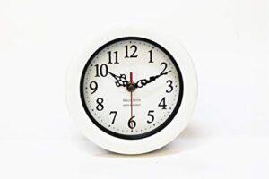 perfect pearl water resistant clock, simple modern design, 6.5" in diameter, plastic frame, flexible options to hang or to stand.