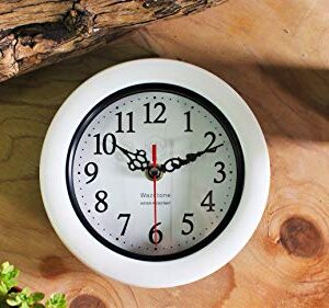 Perfect Pearl Water Resistant Clock, Simple Modern Design, 6.5" in Diameter, Plastic Frame, Flexible options to hang or to stand.