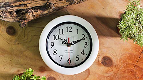 Perfect Pearl Water Resistant Clock, Simple Modern Design, 6.5" in Diameter, Plastic Frame, Flexible options to hang or to stand.