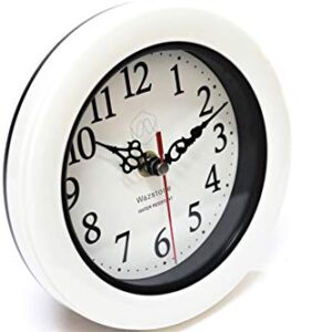 Perfect Pearl Water Resistant Clock, Simple Modern Design, 6.5" in Diameter, Plastic Frame, Flexible options to hang or to stand.