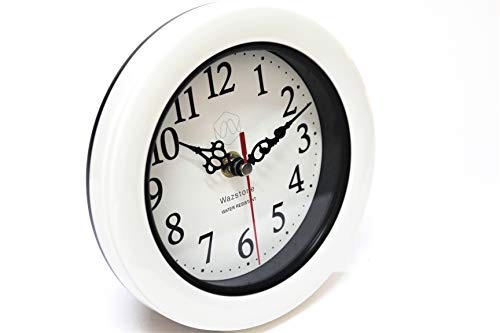 Perfect Pearl Water Resistant Clock, Simple Modern Design, 6.5" in Diameter, Plastic Frame, Flexible options to hang or to stand.