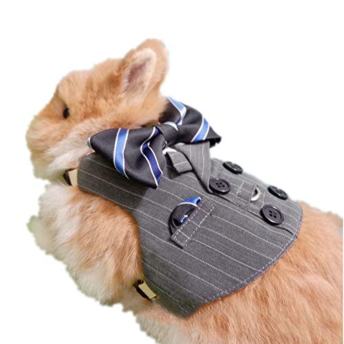 Rabbit Clothes Formal Suit Harness with Striped Tie Adjustable Bunny Vest Halloween Cosplay Wedding Party Holiday Daily Wear Walking Harness Clothes for Bunny Kitten Puppy Chinchilla guinea pig (S)