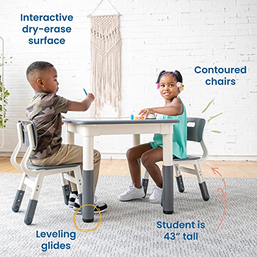 ECR4Kids Square Dry-Erase Activity 2 Adjustable Height Table and Chairs, Grey