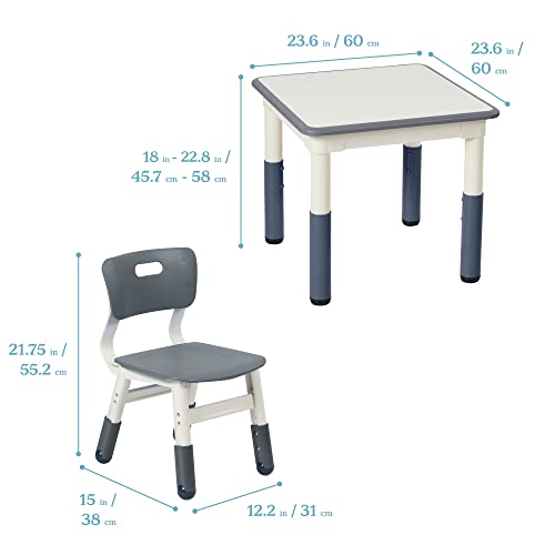 ECR4Kids Square Dry-Erase Activity 2 Adjustable Height Table and Chairs, Grey