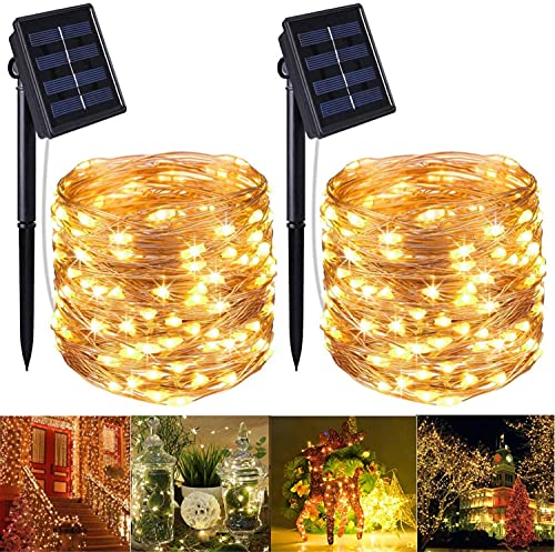 Renohef 2 Pack Solar String Lights,200 LEDs 66Ft Waterproof Outdoor Fairy Lights with 8 Lighting Modes,Garden Copper Wire Decorative Lights for Patio,Gate,Trees,Wedding,Party,Christmas