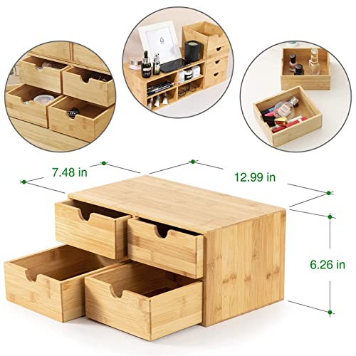 Wisuce 100% Original Bamboo Desk Organizer - Mini Bamboo Desk Drawer Tabletop Storage Organization Box for Office Home Toiletries Supplies, No Assembly Required (4 Drawer)