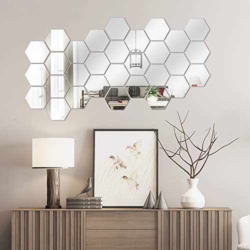 FUNCSDIK Hexagon Mirror Wall Sticker 12 Pieces Acrylic Mirror Three-Dimensional Wall Stickers for Living Room Entrance Hallway Stairs Personalized Decorative Mirror Stickers (Hexagon Mirror)