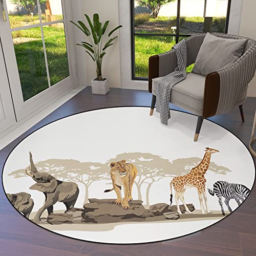 Round Area Rugs Children Crawling Mat Non-Slip Mat, Safari Residential Carpet for Living Room Rugs Decor, Illustration of Wild Savannahs African Animals Giraffe Lion Elephant Zebra, 5Ft(60In）