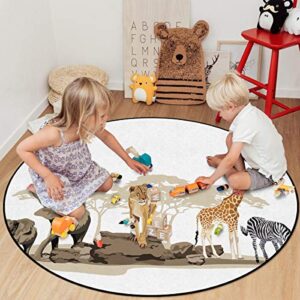 Round Area Rugs Children Crawling Mat Non-Slip Mat, Safari Residential Carpet for Living Room Rugs Decor, Illustration of Wild Savannahs African Animals Giraffe Lion Elephant Zebra, 5Ft(60In）