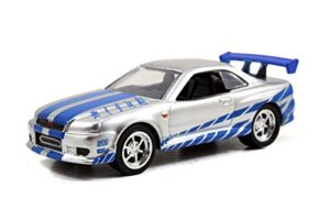 jada toys fast & furious 1:55 brian's 2002 nissan gt-r r34 build n' collect die-cast model kit, toys for kids and adults, blue