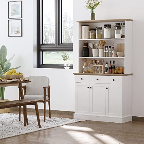 HOMCOM 71" Buffet with Hutch, Kitchen Pantry Cabinet, Bookcase with Drawers & Shelves for Living Room, White