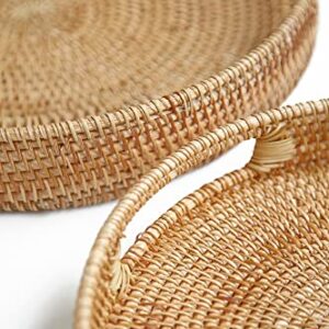 HITOMEN Hand-Woven Round Rattan Serving Tray Decorative Wicker Trays with Handles for Coffee Table