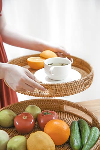 HITOMEN Hand-Woven Round Rattan Serving Tray Decorative Wicker Trays with Handles for Coffee Table