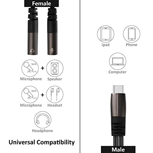 USB C Microphone Adapter, VOJOTO USB Type C Headphone Y Splitter Combo 3.5mm Jack Audio + 3 Pole Mic TRS Adapter External Stereo Sound Card for Mac Book Pro, i-Pad Pro 2018/2020, Galaxy Note 10+/S20