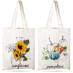 whaline 2 pack fall canvas tote bags sunflower tote bag pumpkins canvas bag reusable cotton handbag grocery bags for shopping market travel beach autumn theme harvest party favors, 15.7" x 13.4"