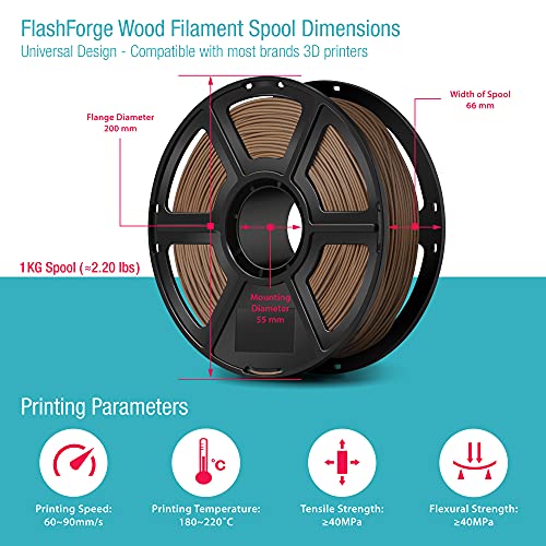 FLASHFORGE Wood 3D Printer Filament, 1.75mm (Dark Wood), 1kg Spool (2.2lbs), Guaranteed Fresh, Dimensional Accuracy +/- 0.02mm, Tangle-Free, Fits Most FDM Printers [Risk-Free]