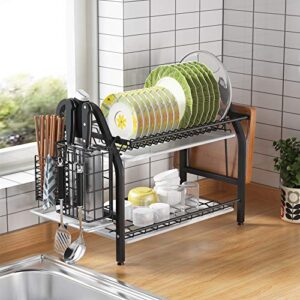 1Easylife Dish Drying Rack, 2 Tier Dish Rack Stainless Steel with Utensil Knife Holder and Cutting Board Holder Dish Drainer with Removable Drain Board for Kitchen Counter Organizer Storage