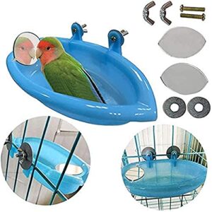 shinylyl bird bath tub bowl basin hanging birdbath toy pet parrot budgie parakeet cockatiel cage water shower food feeder with mirror (blue)