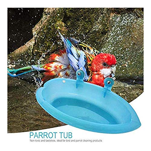 SHINYLYL Bird Bath Tub Bowl Basin Hanging Birdbath Toy Pet Parrot Budgie Parakeet Cockatiel Cage Water Shower Food Feeder with Mirror (Blue)