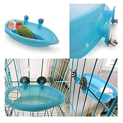 SHINYLYL Bird Bath Tub Bowl Basin Hanging Birdbath Toy Pet Parrot Budgie Parakeet Cockatiel Cage Water Shower Food Feeder with Mirror (Blue)