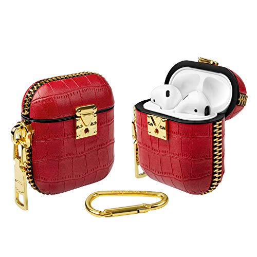 WEISHIJIE Case for AirPods 1, AirPods 2, Genuine Leather AirPods Case with Crocodile Pattern & Electroplating Metal Keychain & Gold Buckle (Red)