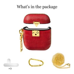WEISHIJIE Case for AirPods 1, AirPods 2, Genuine Leather AirPods Case with Crocodile Pattern & Electroplating Metal Keychain & Gold Buckle (Red)