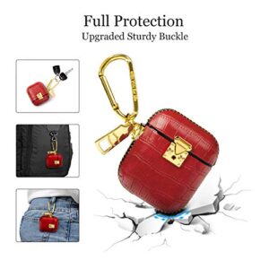 WEISHIJIE Case for AirPods 1, AirPods 2, Genuine Leather AirPods Case with Crocodile Pattern & Electroplating Metal Keychain & Gold Buckle (Red)