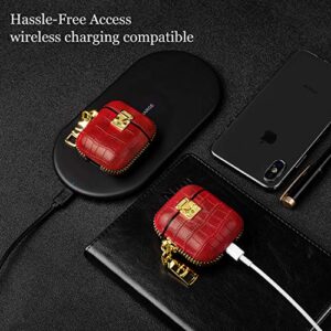 WEISHIJIE Case for AirPods 1, AirPods 2, Genuine Leather AirPods Case with Crocodile Pattern & Electroplating Metal Keychain & Gold Buckle (Red)