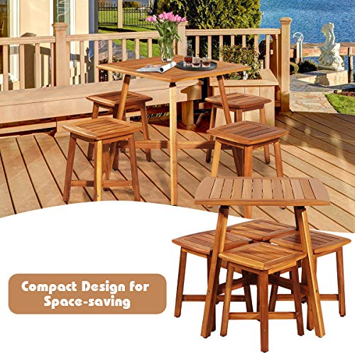 HAPPYGRILL 5 Piece Patio Dining Furniture Set Outdoor Acacia Wood Dining Conversation Set with 4 Stools, Wooden Table and Armless Chair Set for Garden Porch Backyard Balcony Poolside