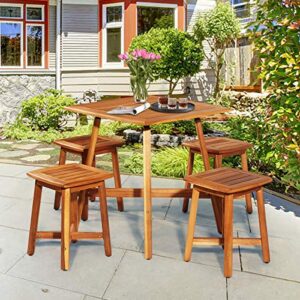 HAPPYGRILL 5 Piece Patio Dining Furniture Set Outdoor Acacia Wood Dining Conversation Set with 4 Stools, Wooden Table and Armless Chair Set for Garden Porch Backyard Balcony Poolside