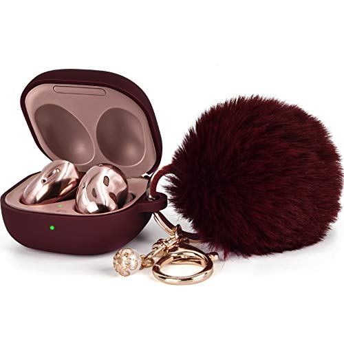 Filoto Case for Samsung Galaxy Buds 2 / Buds Live/Buds Pro/Buds 2 Pro, Cute Silicone Earbuds Protective Case Cover with Pompom Keychain Accessories for Women Girls (Burgundy)