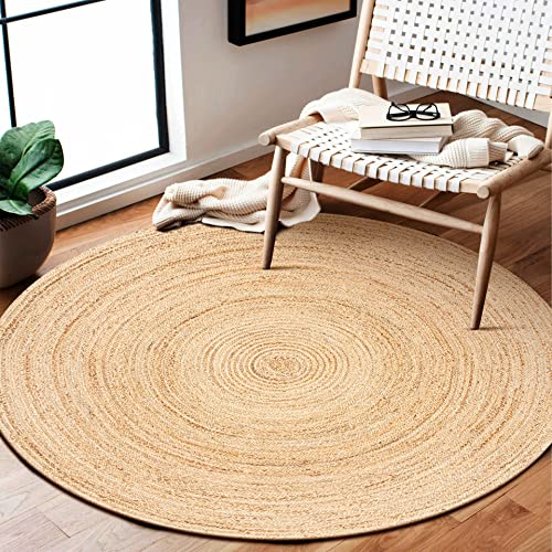 Ramanta Home Jute Braided Rug, 4' Round Natural, Hand Woven Reversible Rugs for Kitchen Living Room Entryway, 4 Feet Round