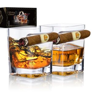 youyah cigar whiskey glasses with cigar holder-set of 2,cigar accessories,crystal whisky glass set with indented cigar rest,premium rocks glass,for brandy,cocktail,vodka,bourbon,gifts for men(9.5oz)