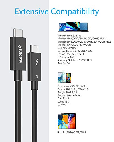 Anker Thunderbolt 3.0 Cable 2.3 ft, Supports 100W Charging / 40Gbps Data Transfer USB C to USB C Cable, Ideal for Type-C MacBooks, Dell, iPad Air 4, iPad Pro 2020, Pixel, Hub, Docking, and More