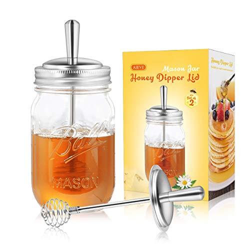 AIEVE Mason Jar Honey Dipper Lid, 2 Pack Honey Dispenser with Canning Lid, Metal Honey Stirrers Lids, Honeycomb Stick Wand for Regular Mouth Mason Ball Kerr Jars Honey Pot Containers