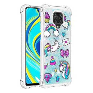 lemaxelers redmi note 9s case bling glitter case soft tpu floating clear liquid hearts quicksand shiny flowing shockproof protective cover for xiaomi redmi note 9s pro / 9 pro max yb-ls rainbow horse