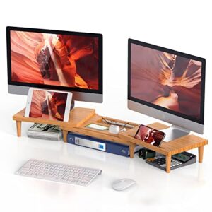 pezin & hulin bamboo dual monitor stand riser for desk organizer, adjustable length and angle multi(1/2/3) screen stand, office wood desktop stand storage for computer, laptop, pc, printer, notebook