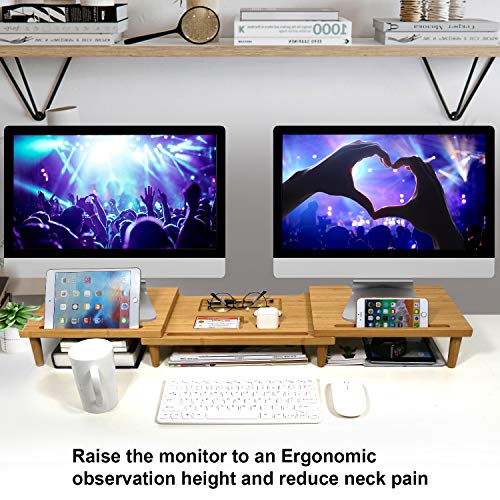 Pezin & Hulin Bamboo Dual Monitor Stand Riser for Desk Organizer, Adjustable Length and Angle Multi(1/2/3) Screen Stand, Office Wood Desktop Stand Storage for Computer, Laptop, PC, Printer, Notebook