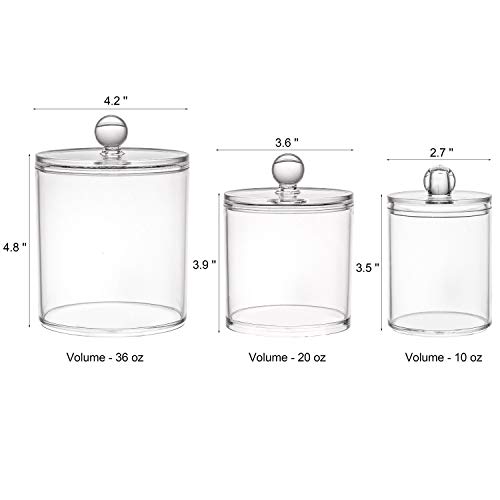 Tbestmax 10/20/36 Oz Cotton Swab/Ball/Pad Holder, Qtip Apothecary Jar Clear Bathroom Containers Dispenser Clear Lids for Storage 3 Set