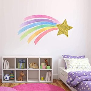 shooting star rainbow wall decal pastel watercolor unicorn nursery girls bedroom decor gold star & rainbow wall decor nd03 (24"w x 14"h inches)