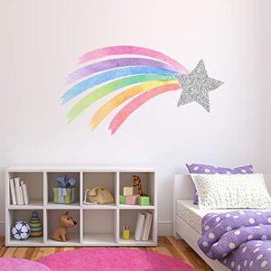 shooting star rainbow wall decal pastel watercolor unicorn nursery girls bedroom decor silver star & rainbow wall decor nd04 (24"w x 14"h inches)
