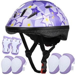 kids helmet adjustable for kids ages 3-8 years old boys girls, toddler bike helmet with protective sports gear set knee elbow pads wrist guards for cycling roller skating skateboard-(purple star)