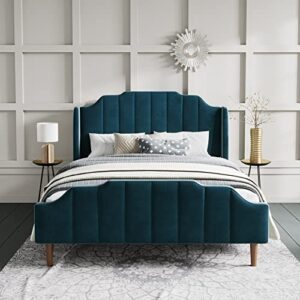 sha cerlin upholstered queen size bed frame with modern curved velvet wingback headboard/heavy duty wood platform bed with strong wood slat support/no box spring needed, blue