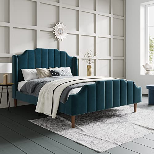 SHA CERLIN Upholstered Queen Size Bed Frame with Modern Curved Velvet Wingback Headboard/Heavy Duty Wood Platform Bed with Strong Wood Slat Support/No Box Spring Needed, Blue