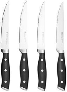 henckels forged accent razor-sharp 4-piece steak knife set, black, german engineered knife informed by over 100 years of mastery